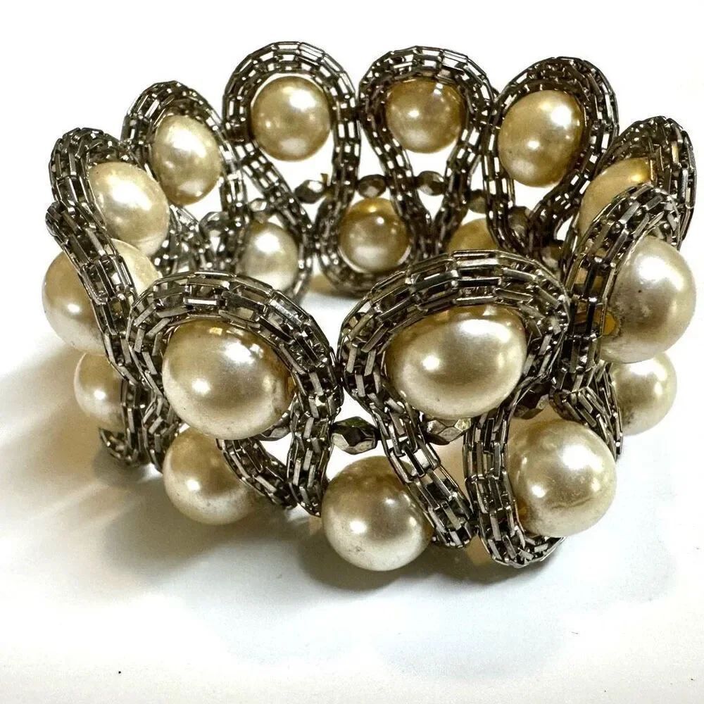 Silver tone faux pearl wide stretchy bracelet - Picture 9 of 9